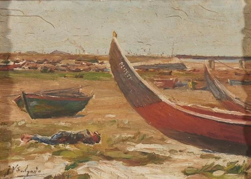 Veloso Salgado - Paesaggio con barche e figura